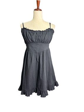 Aerie Black Smocked Mini Dress Tie Strap Ruffle Hem Flowy Babydoll Size M